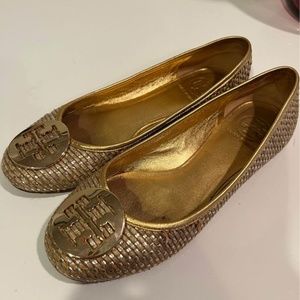 Tory Burch Gold Woven Leather Flats